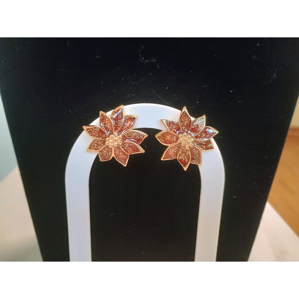Vintage Avon Red Glitter Enamel Poinsettia Clip on Earrings Christmas 1980s
